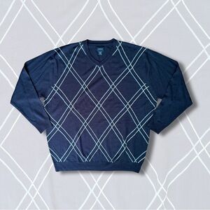 Harbor Bay Dark Blue Argyle V-Neck Sweater